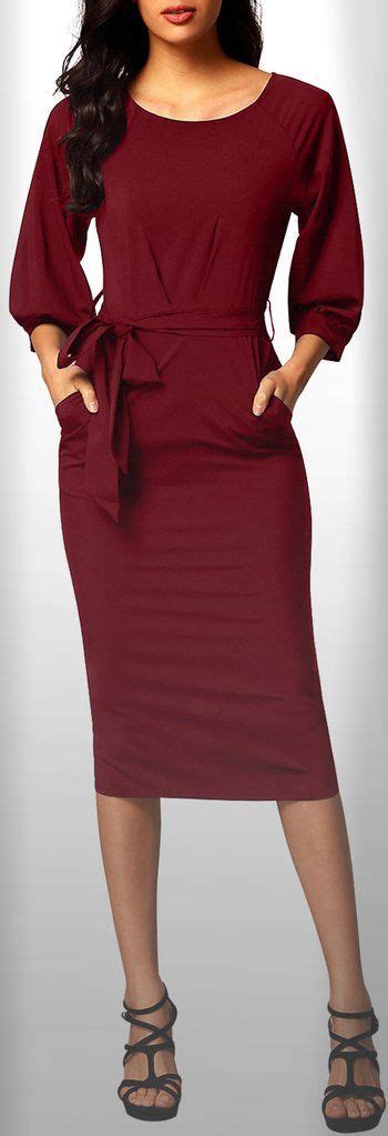 Burgundy Puff Sleeve Belt Chiffon Pencil Dress Fashion Dresses Outfits