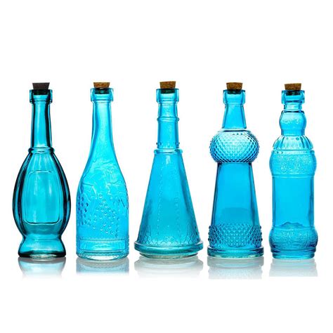 Shabby Chic Turquoise Blue Vintage Glass Bottles Set 5 Pack Assort