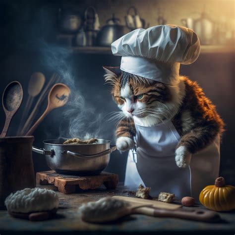 Lindo Gato Vestido De Chef Con Fondo De Cocina Foto Premium