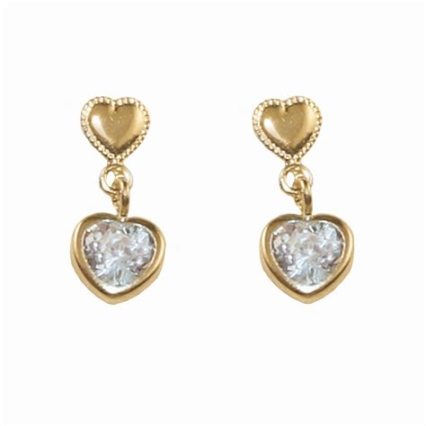 Cubic Zirconia Heart Dangle Earrings 14k Yellow Gold Jewelry Earrings