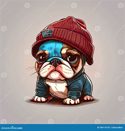 Cute Bulldog Comic Wearing A Beanie With Sweater And Hut Stock