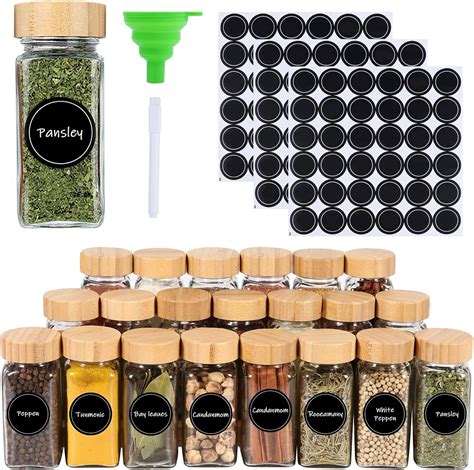 Robasiom 24pcs Glass Spice Jars Bottles With Bamboo Labels 4oz Squar