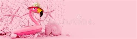 Pink Flamingo With Starfish And Seashell On Pink Summer Background