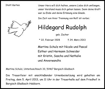 Traueranzeigen Von Hildegard Rudolph Wirtrauern