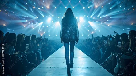 Fashion model facing the audience on a catwalk with blue runway lights. Fashion industry and ...