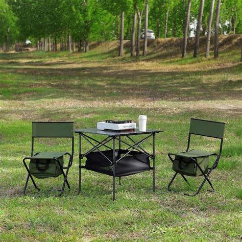 3-Piece Green Aluminum Folding Outdoor Lawn Chairs with Black Table for ...