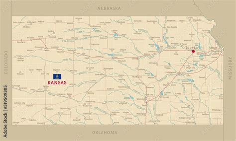 Road map of Kansas, US American federal state. Editable highly detailed ...