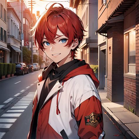 Personaje De Anime Con Pelo Rojo Y Ojos Azules Parado En Una Calle