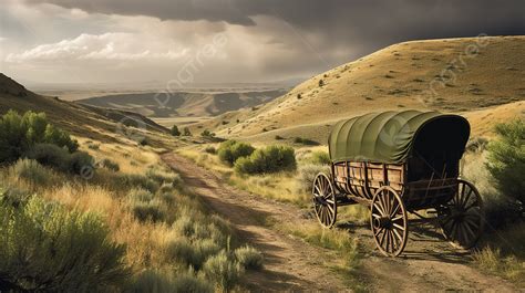 Covered Wagon Drives Down A Long Desert Background Oregon Trail