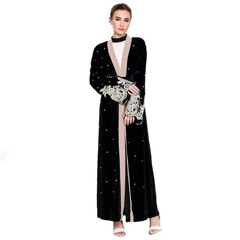 Black Beading Patchwork Cardigan Lace Dubai Abaya Kimono Muslim Long