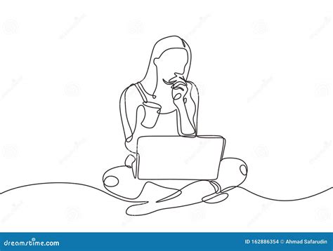 Continuous One Line Drawing of Cute Girl Sitting with a Laptop and ...