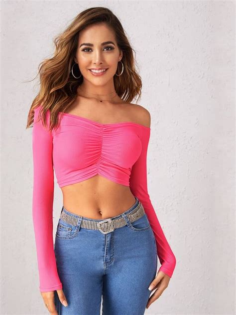 Solid Off Shoulder Ruched Crop Top Shein Usa In 2020 Crop Tops