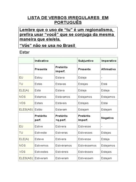Verbo Irregular En Portugues - Lista de Verbos Irregulares em Português | PDF | Relaciones sintácticas ...