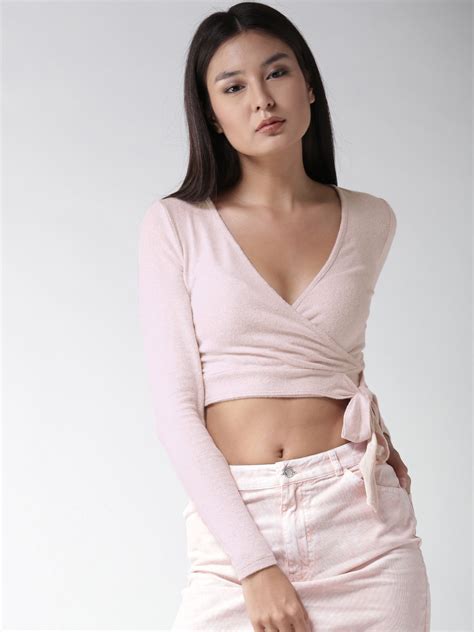 Buy Forever 21 Women Pink Solid Wrap Crop Top Tops For Women 2436635