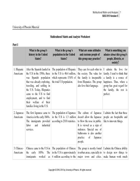 Solution Multicultural Matrix And Analysis Worksheet Studypool