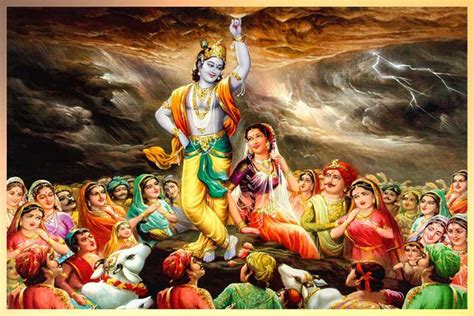 Krishna Lifting Govardhan Parvat Painting On Canvas
