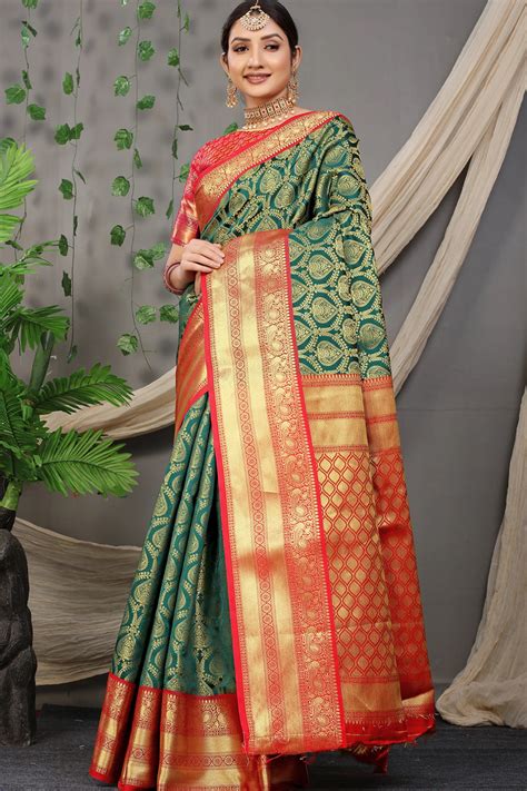 Woven Jacquard Banarasi Silk Saree In Teal Green Ucchal Fashion