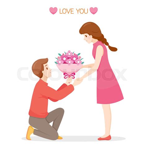 Man Giving Woman Bouquets Of Flowers On Valentines Day Stock Vector