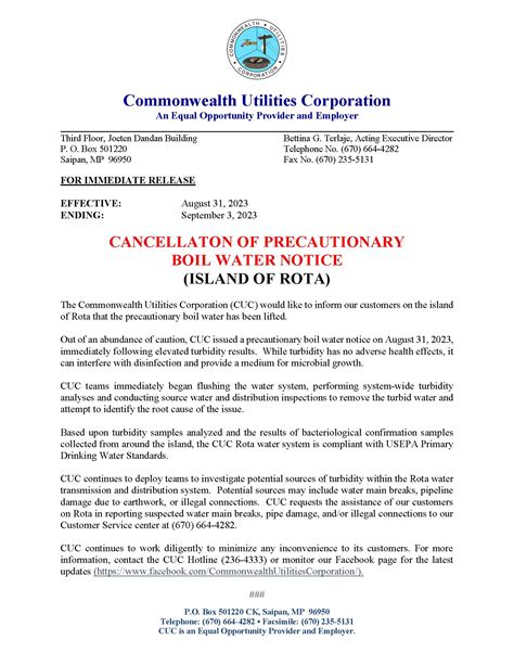 Sept Press Release Re Cancellation Of Precautionary Boil Water