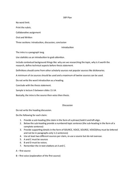 Team Five SRP Plan Notes SRP Plan No Word Limit Print The Rubric