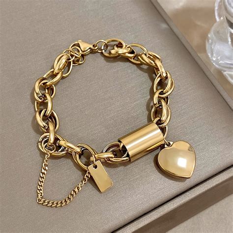 A O Inoxid Vel Charm Bracelet Bloqueio Do Cora O Chunky Banhado A Ouro