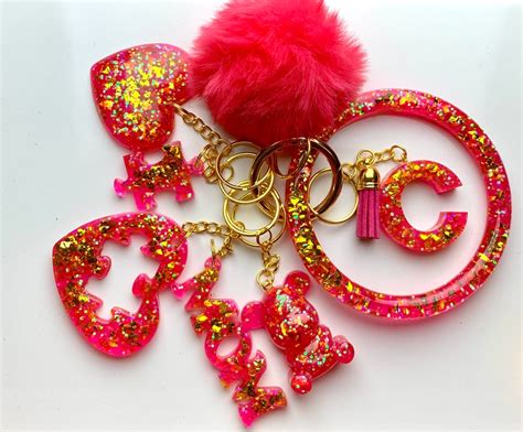 Sparkling Hot Pink With Gold Flakes Personalized Resin Initial Keychain