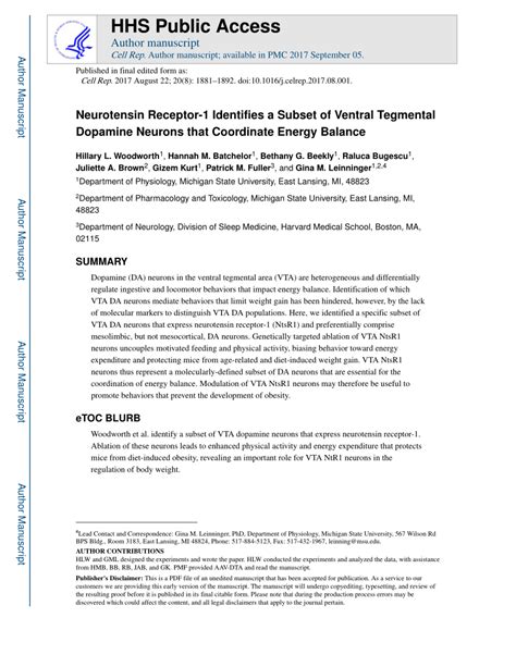 Pdf Neurotensin Receptor 1 Identifies A Subset Of Ventral Tegmental