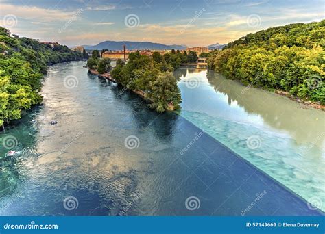 Rhone And Arve River Confluence Geneva Stock Image Image Of Tree