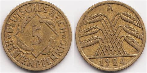 Weimarer Republik 5 Rentenpfennig 1924 A Kupfer Aluminium sehr schön