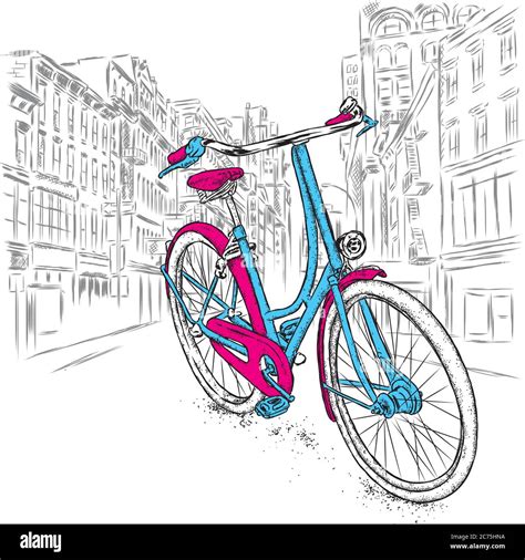 A Beautiful Bicycle On A City Street Vector Illustration Vintage