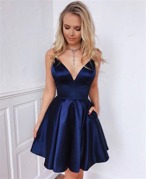 Sexy Girls Spaghetti Navy Satin V Neck Homecoming Dress With Pockets