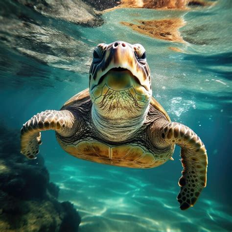 Premium Ai Image Portrait Of A Happy Sea Turtle Swimming Underwater