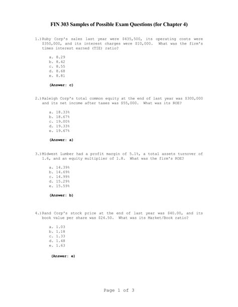 FIN 303 Sample Exam Questions