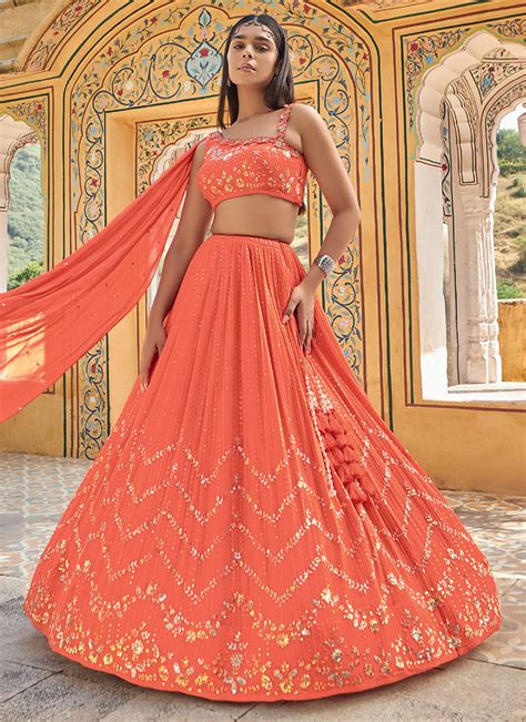 Buy Wedding Wear Orange Hand Work Silk Ready To Wear Lehenga Choli