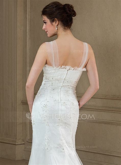 Trumpet Mermaid Scalloped Neck Court Train Tulle Wedding Dress With