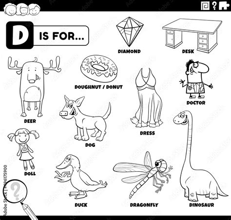 Letter D Words Educational Set Coloring Book Page Stock Vector Adobe