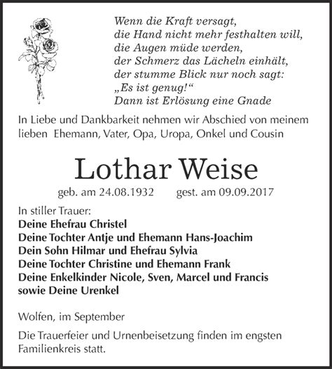 Traueranzeigen Von Lothar Weise Abschied Nehmen De