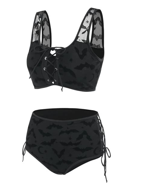 Wipalo Bat Crescent Mesh Lace Up Padded Bikini Set Women Fashion Summer