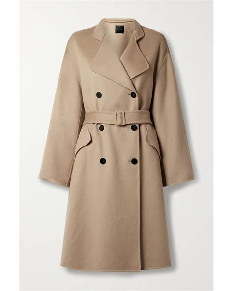 Theory Belted Double Breasted Wool And Cashmere Blend Coat In Natural