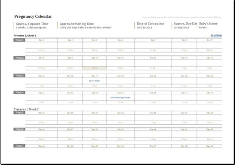 Ms Excel Pregnancy Calendar Editable Printable Template Printable