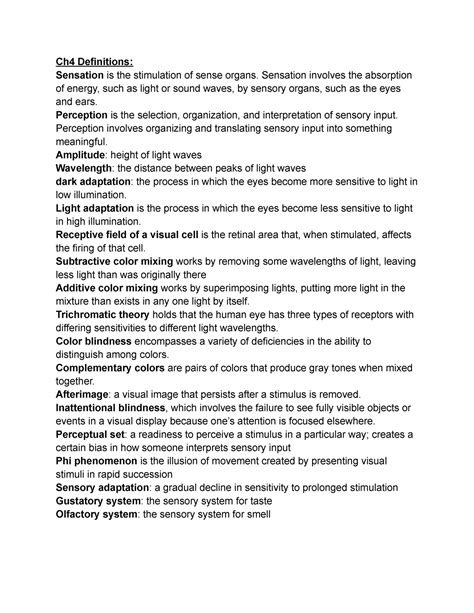 Psy Unit Pg Unit Notes Ch Definitions Sensation Is The