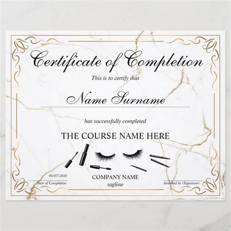 Certificate Of Completion Award Lashes Course Zazzle