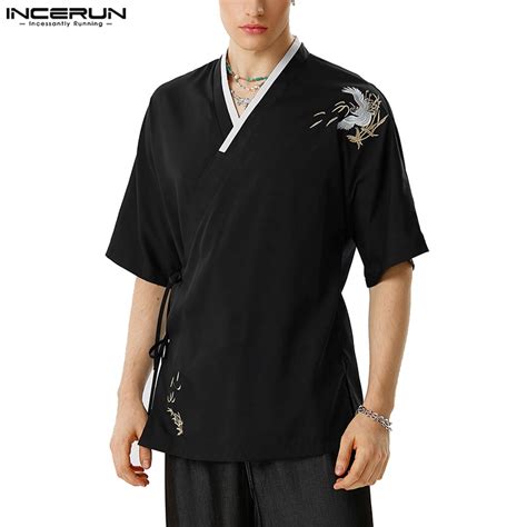 Incerun Chinoiserie Masculino Cor Contraste Bordado Ganso Manga Curta