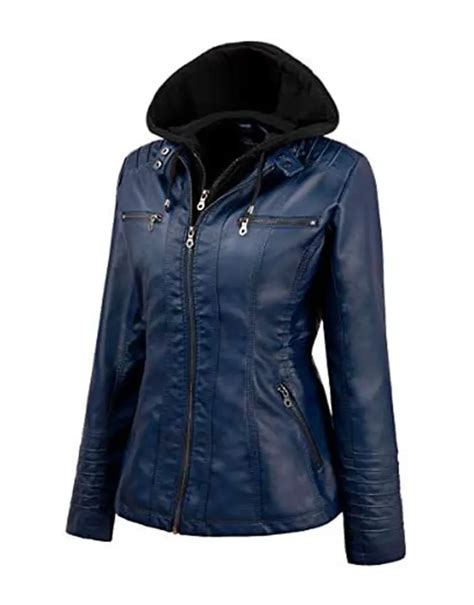 Womens Navy Blue Faux Leather Jacket With Removable Hood