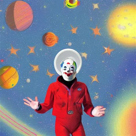 Techno Capitalist Clown Wearing Space Suit Flying Stable Diffusion