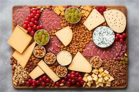 Premium Photo | A cheese board with meats, cheeses, and nuts on it.