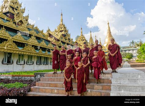 Myanmar Formerly Burma Yangon Rangoon Young Monks In Front Of The Shwedagon Pagoda Stock