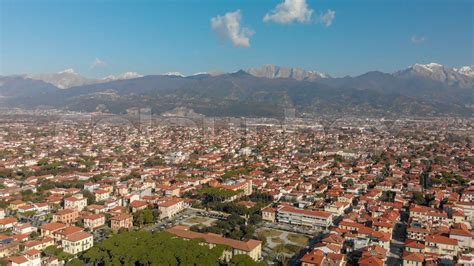 Aerial panoramic view of Forte dei Marmi skyline on a sunny winter ...