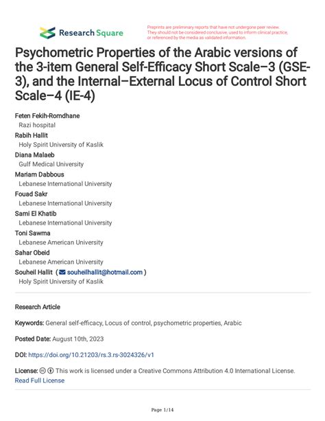 PDF Psychometric Properties Of The Arabic Versions Of The 3 Item