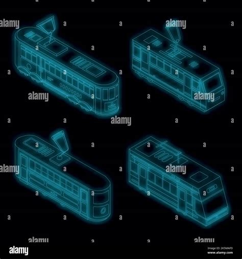 Tram Car Icon Set Isometric Set Of Tram Car Vector Icons Neon Color On